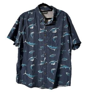 Eddie Bauer Mens XL Swordfish Ocean Fishing Shirt Blue Dorado Marlin Button Up